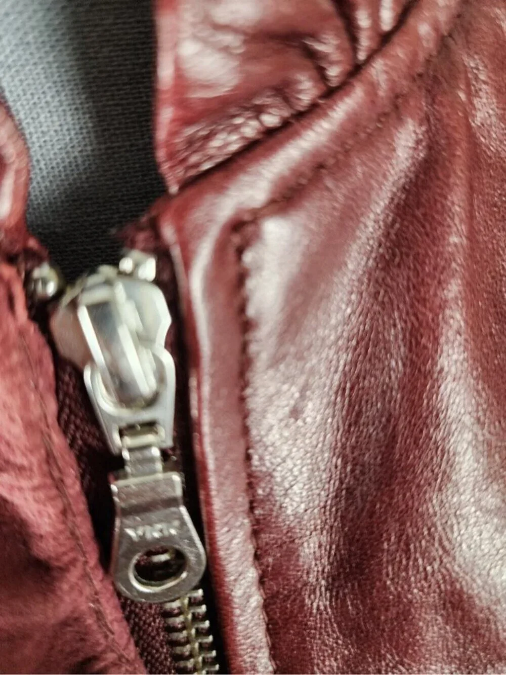 Kenna T Dark Red Leather Full Zip Ruffle Moto Jacket